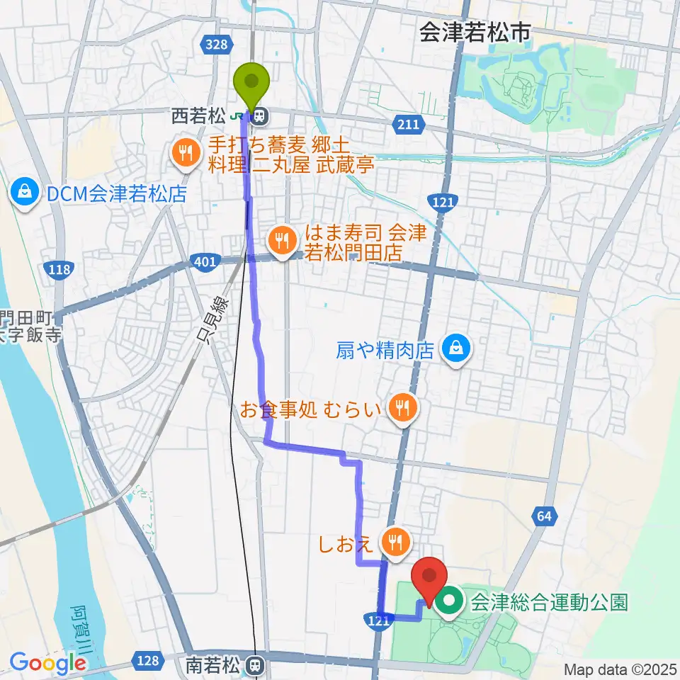 西若松駅からあいづ総合体育館へのルートマップ地図