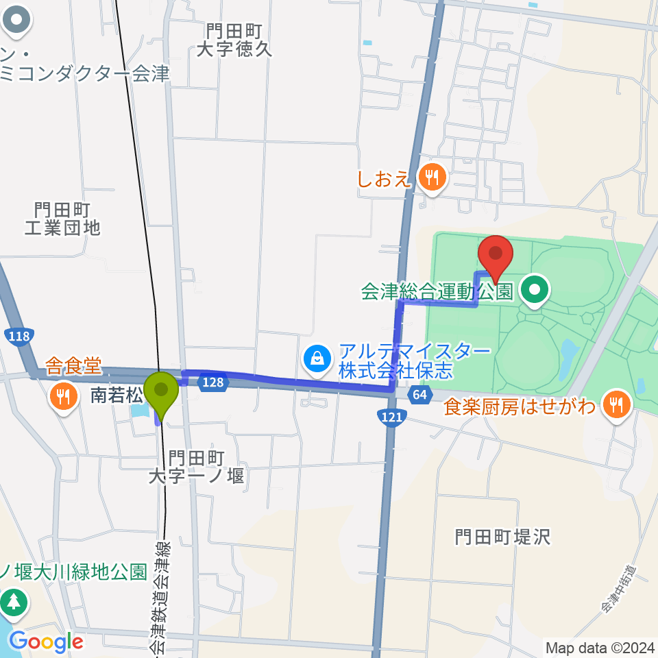 あいづ総合体育館の最寄駅南若松駅からの徒歩ルート（約17分）地図