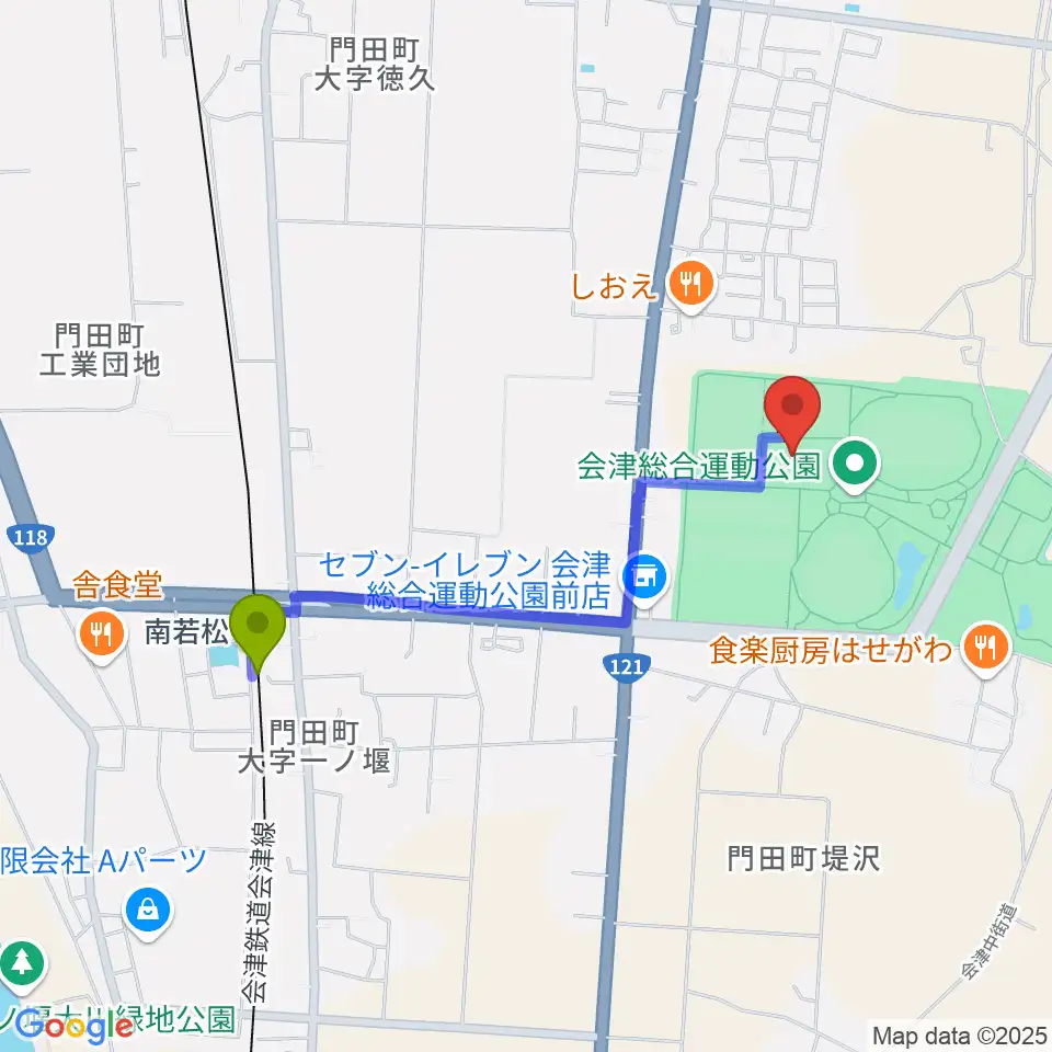 あいづ総合体育館の最寄駅南若松駅からの徒歩ルート（約17分）地図