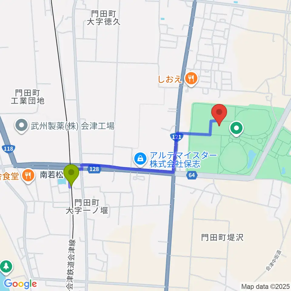あいづ総合体育館の最寄駅南若松駅からの徒歩ルート（約17分）地図