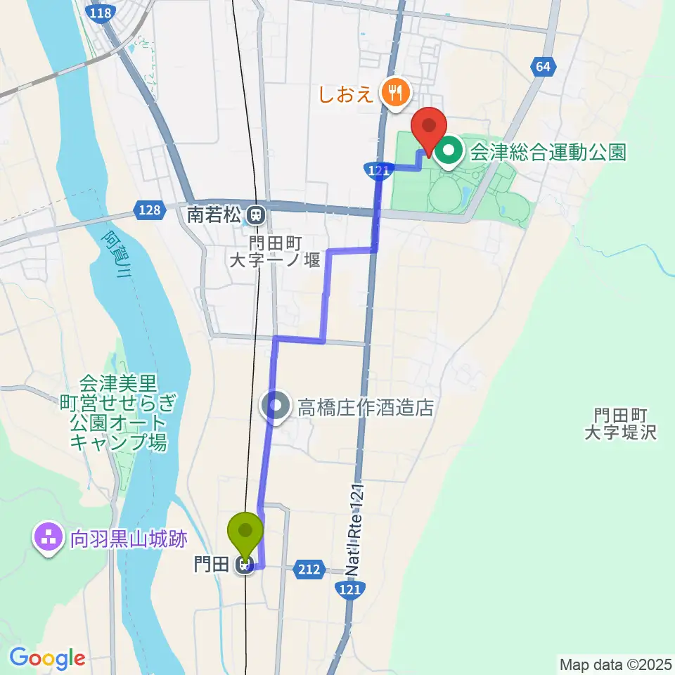 門田駅からあいづ総合体育館へのルートマップ地図