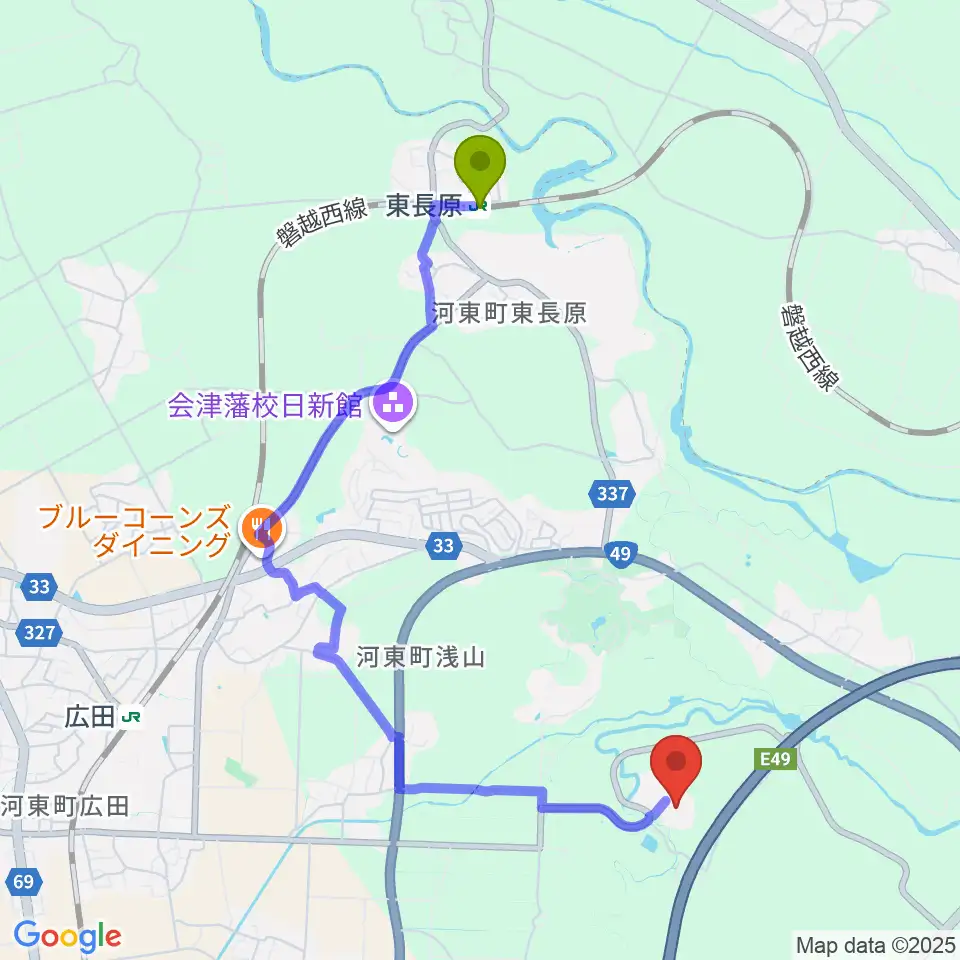 東長原駅から会津若松市河東総合体育館へのルートマップ地図