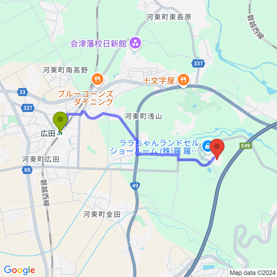 会津若松市河東総合体育館の最寄駅広田駅からの徒歩ルート（約35分）地図