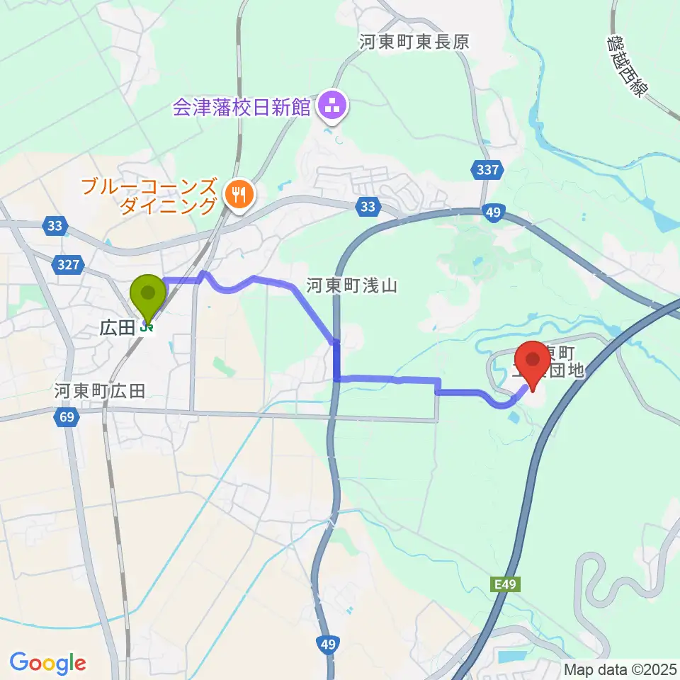 会津若松市河東総合体育館の最寄駅広田駅からの徒歩ルート（約35分）地図