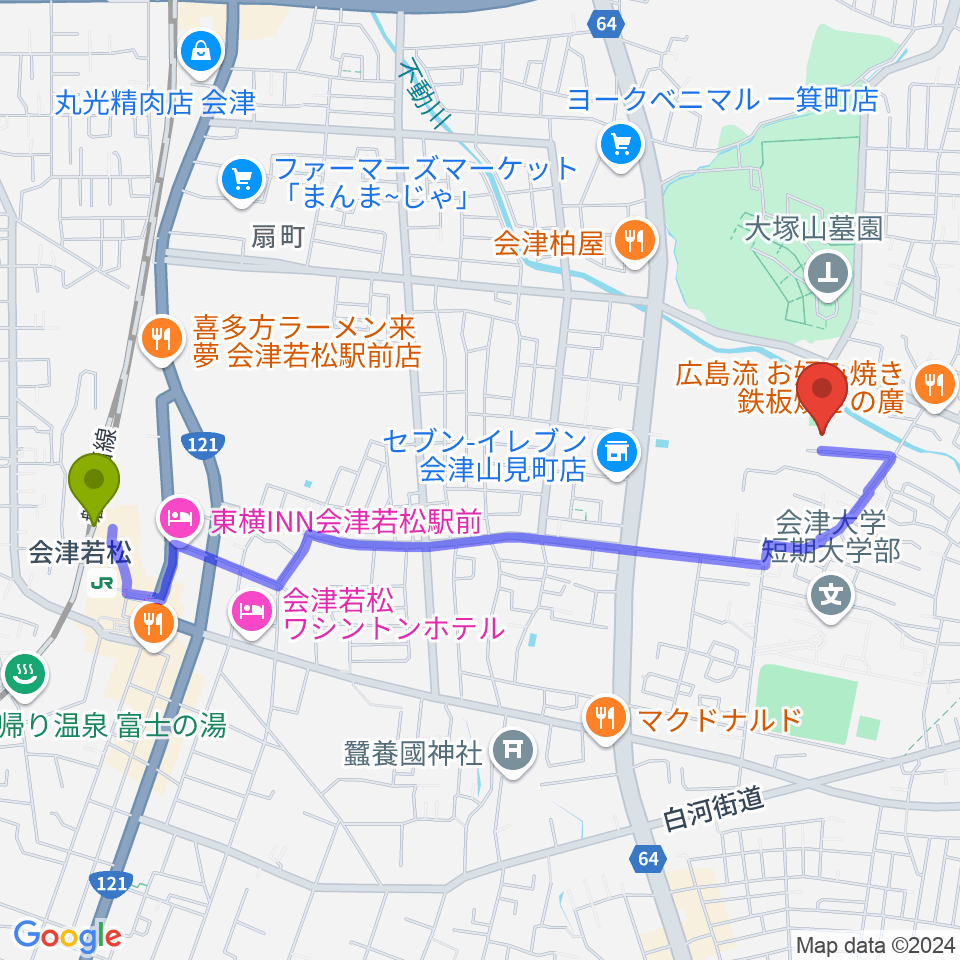 会津若松市ふれあい体育館の最寄駅会津若松駅からの徒歩ルート（約23分）地図