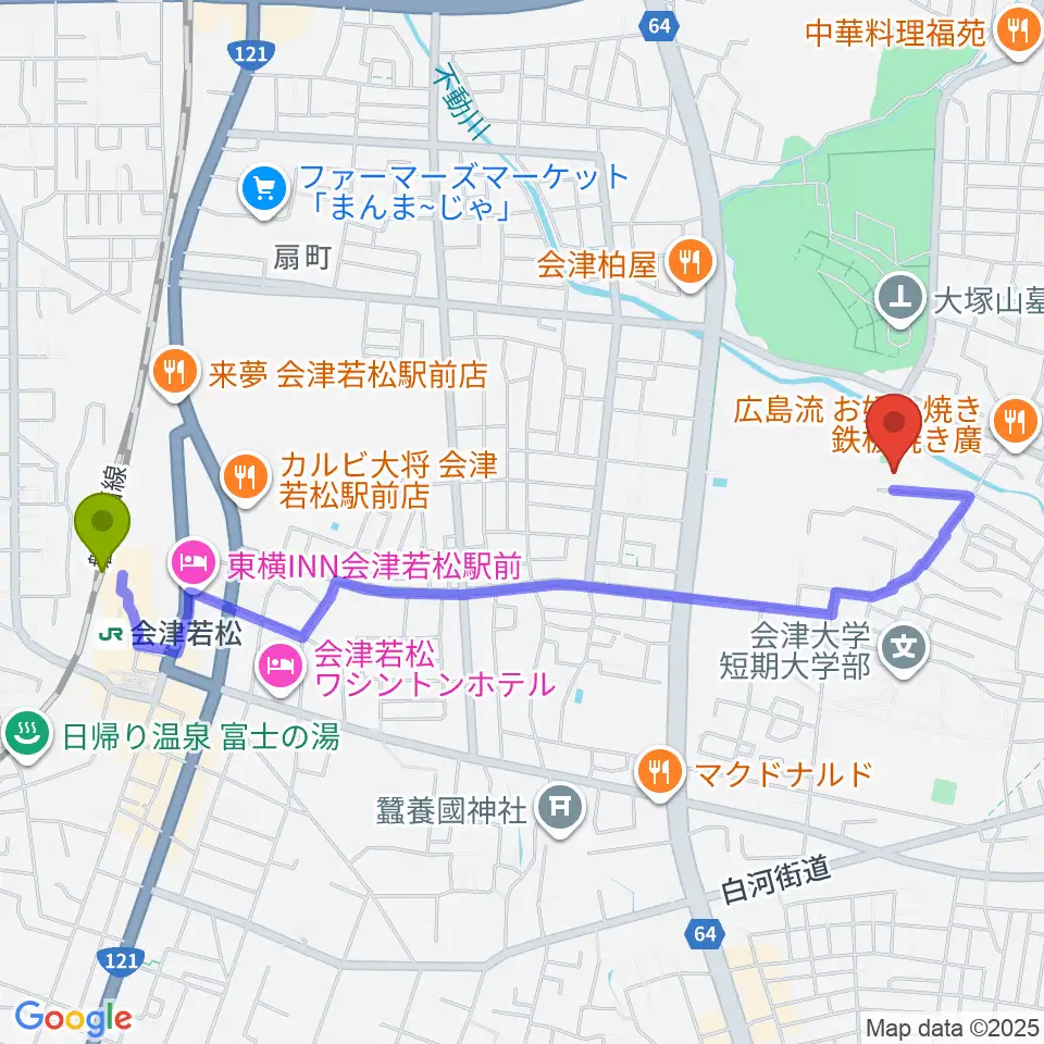 会津若松市ふれあい体育館の最寄駅会津若松駅からの徒歩ルート（約23分）地図