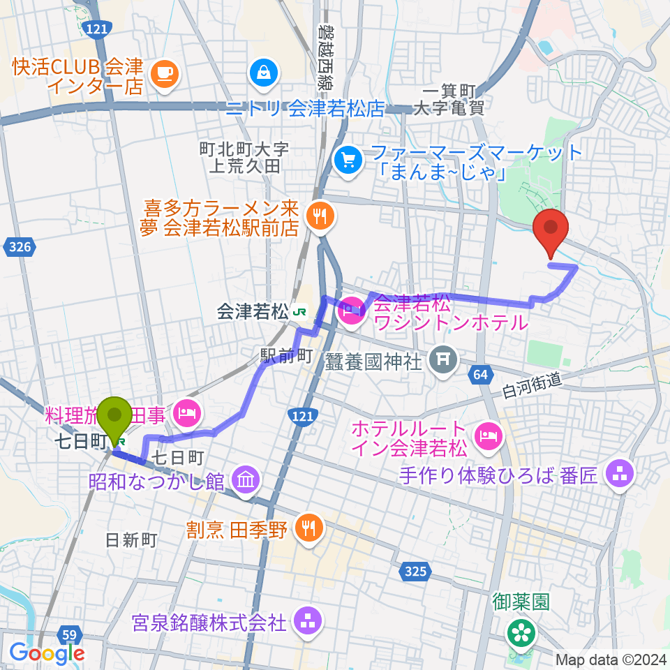 七日町駅から会津若松市ふれあい体育館へのルートマップ地図