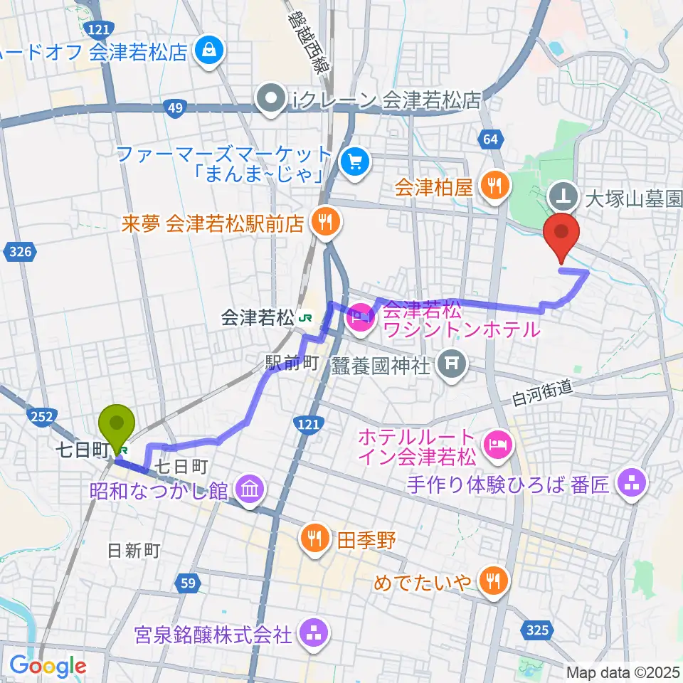 七日町駅から会津若松市ふれあい体育館へのルートマップ地図