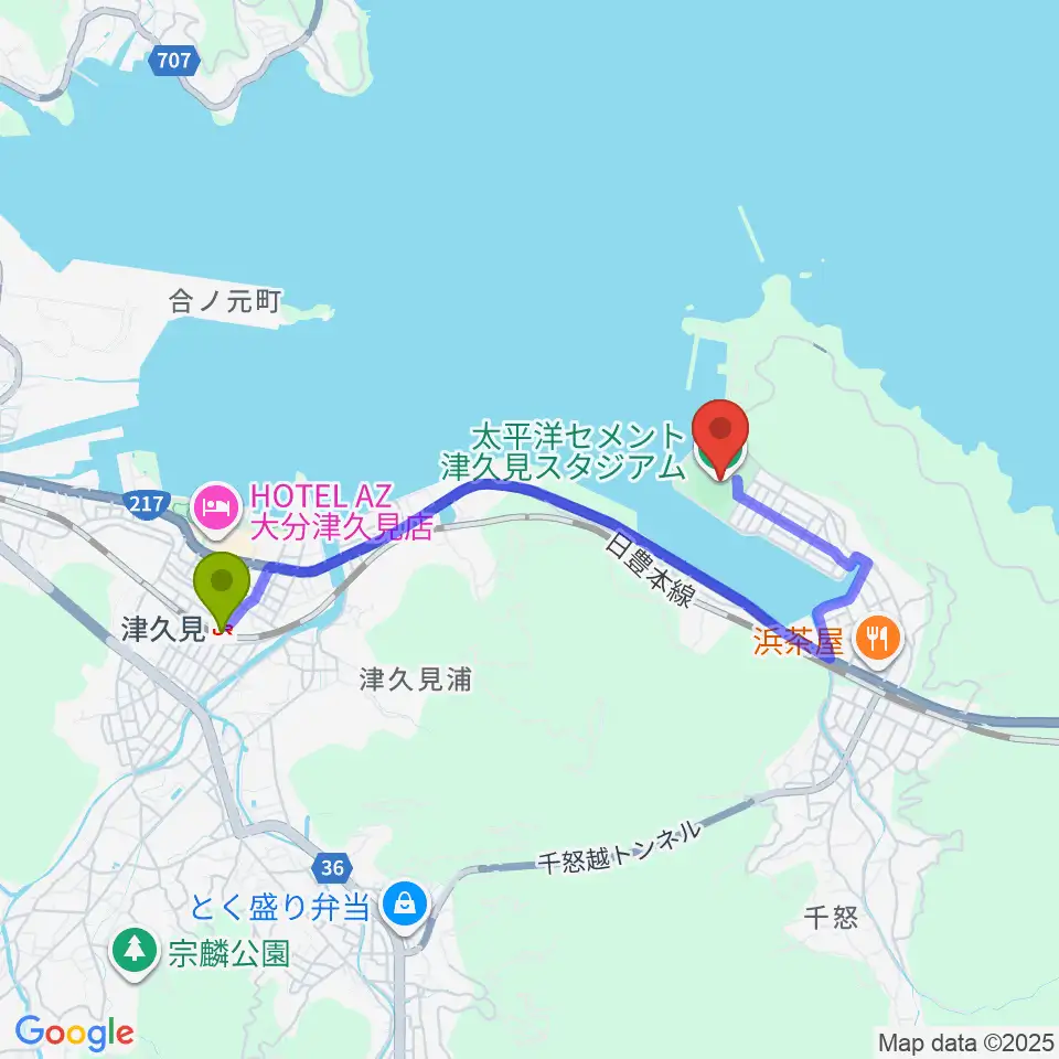 太平洋セメント津久見スタジアムの最寄駅津久見駅からの徒歩ルート（約32分）地図