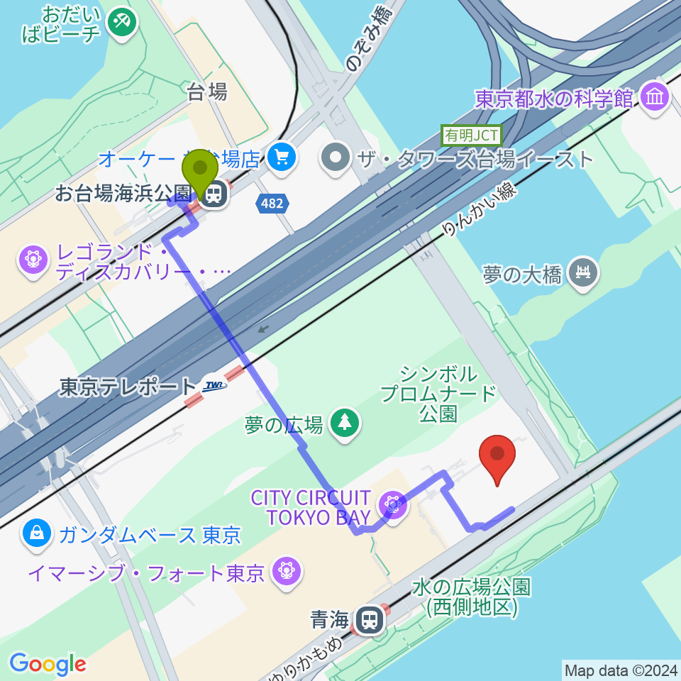 お台場海浜公園駅からトヨタアリーナへのルートマップ地図