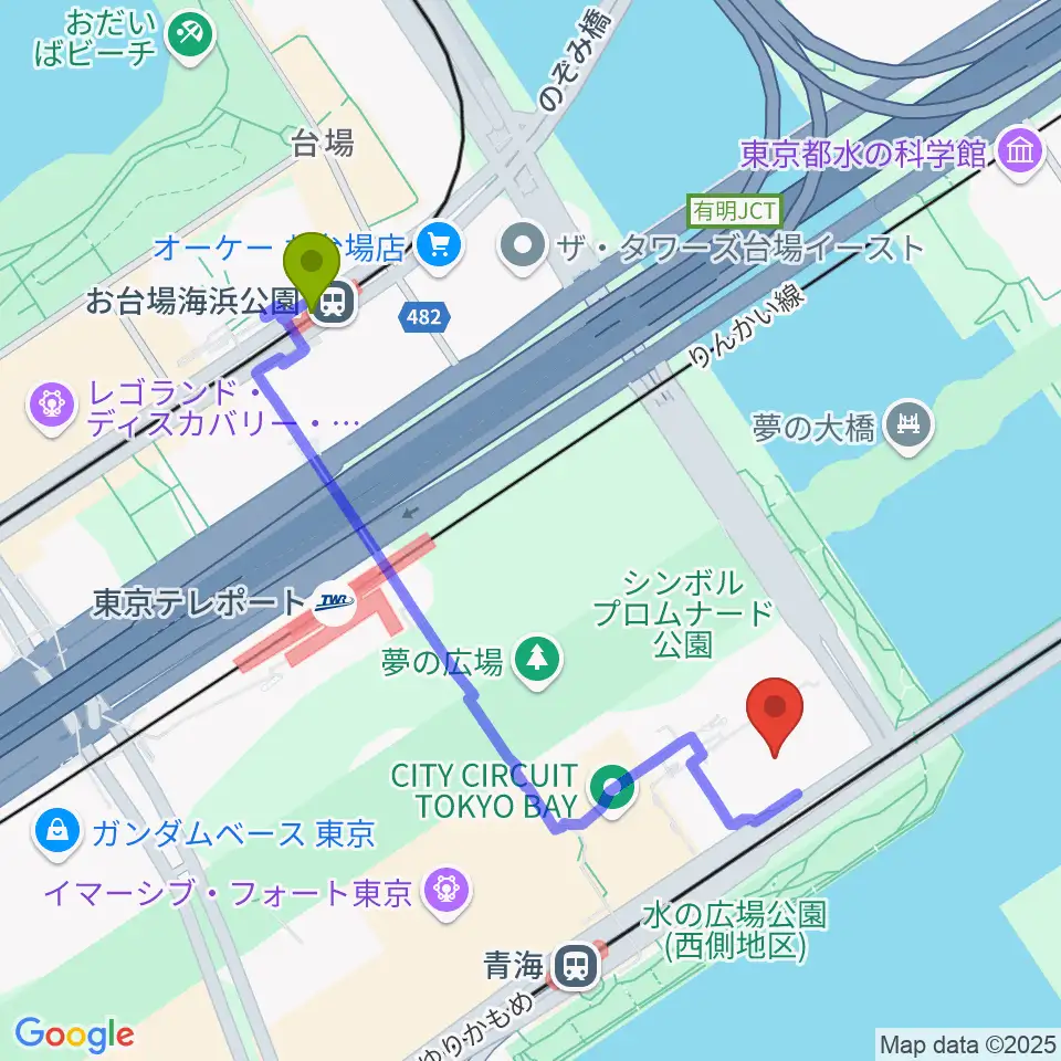 お台場海浜公園駅からトヨタアリーナへのルートマップ地図