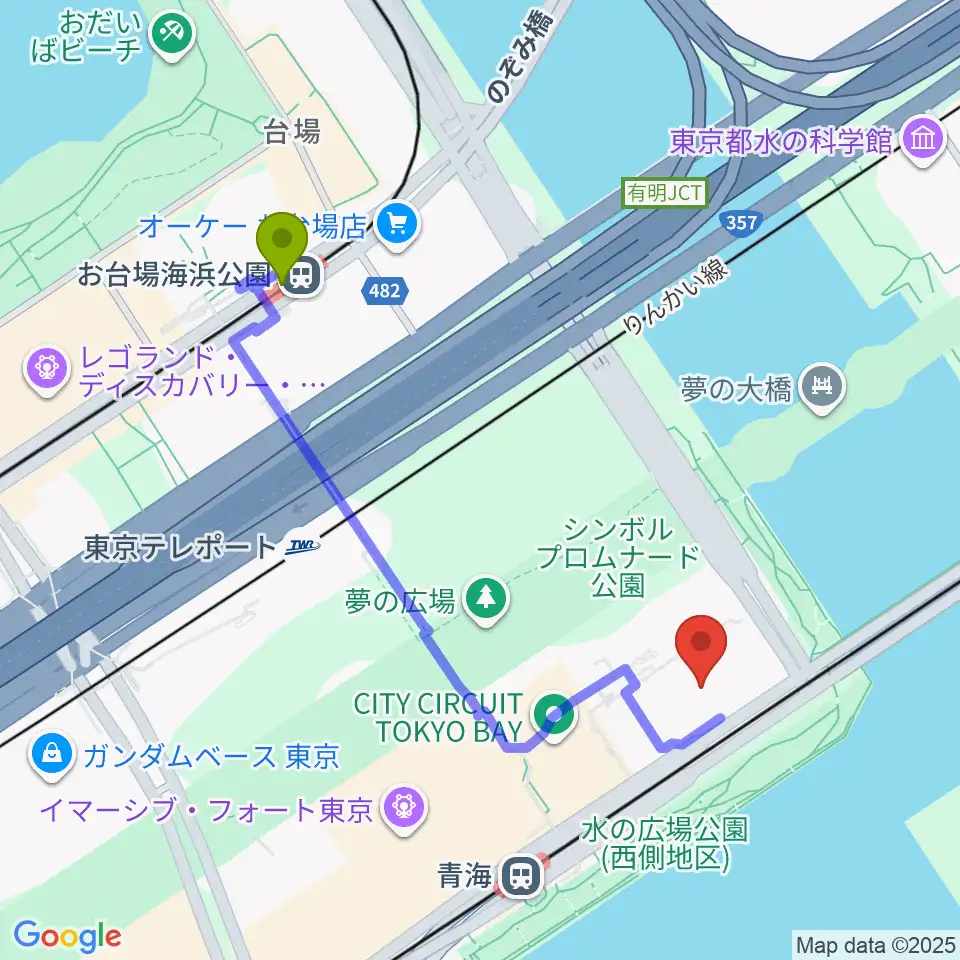 お台場海浜公園駅からトヨタアリーナ東京へのルートマップ地図