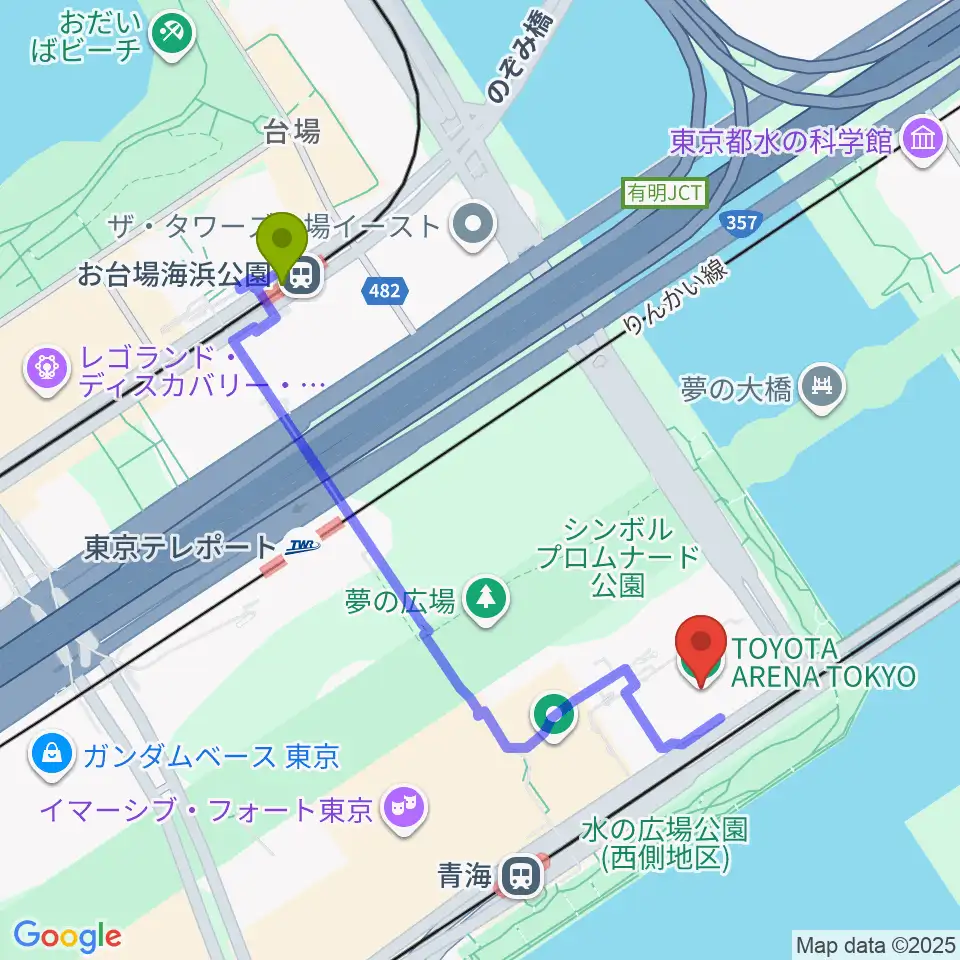 お台場海浜公園駅からトヨタアリーナ東京へのルートマップ地図