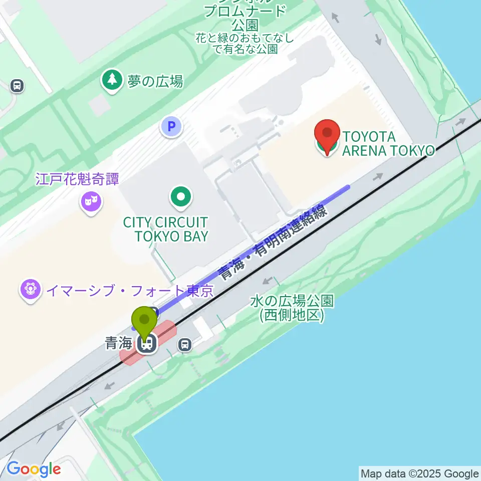 トヨタアリーナの最寄駅青海駅からの徒歩ルート（約4分）地図