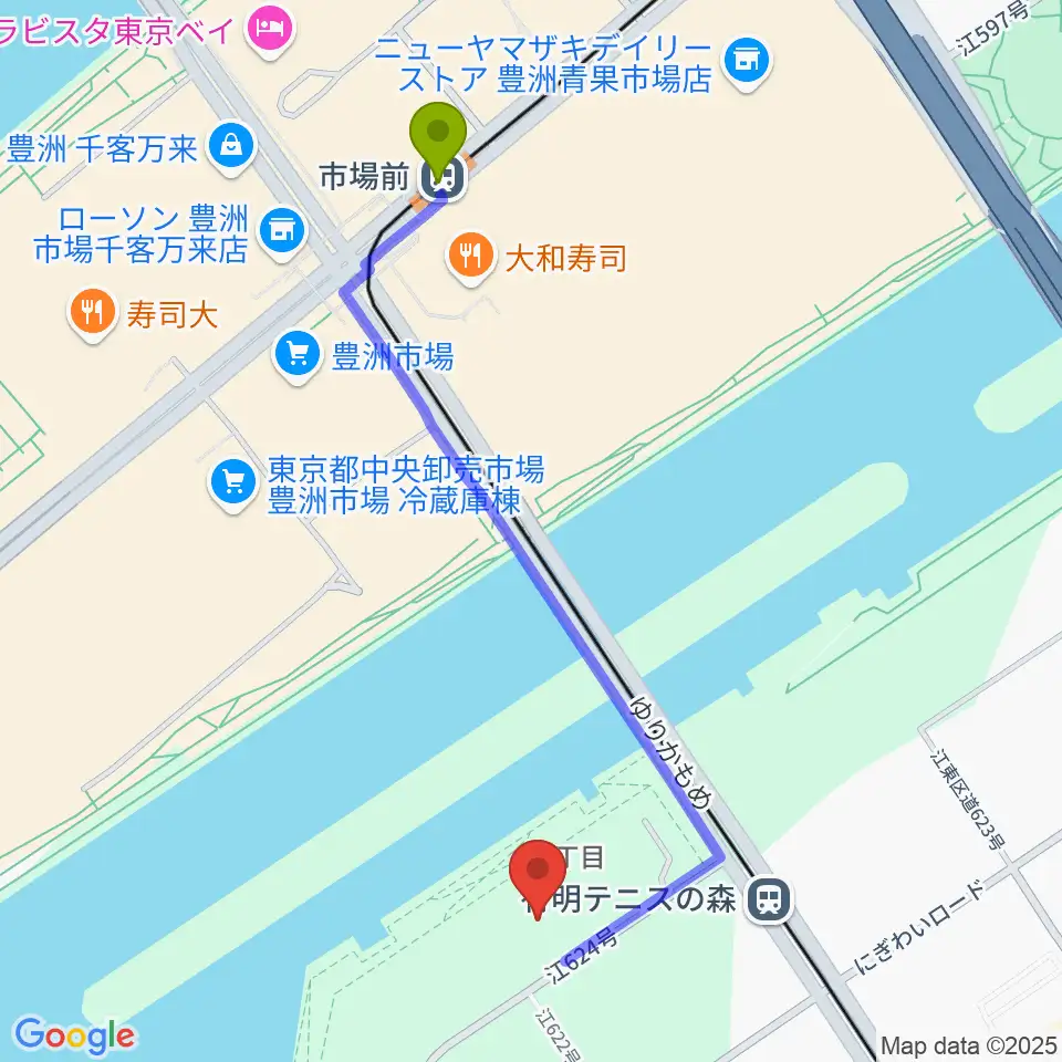 市場前駅からライブドア アーバンスポーツパークへのルートマップ地図