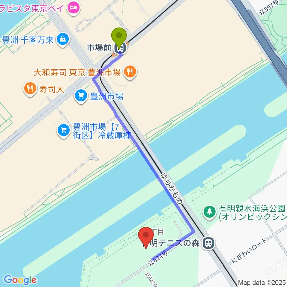 市場前駅からライブドア アーバンスポーツパークへのルートマップ地図