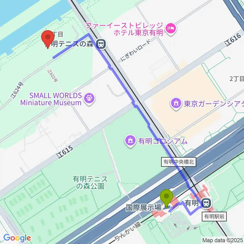 国際展示場駅からライブドア アーバンスポーツパークへのルートマップ地図