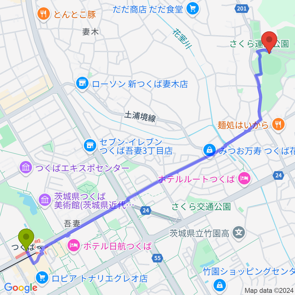 さくら運動公園野球場の最寄駅つくば駅からの徒歩ルート（約33分）地図