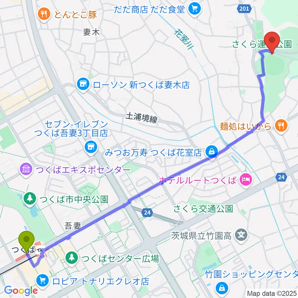 さくら運動公園野球場の最寄駅つくば駅からの徒歩ルート（約33分）地図