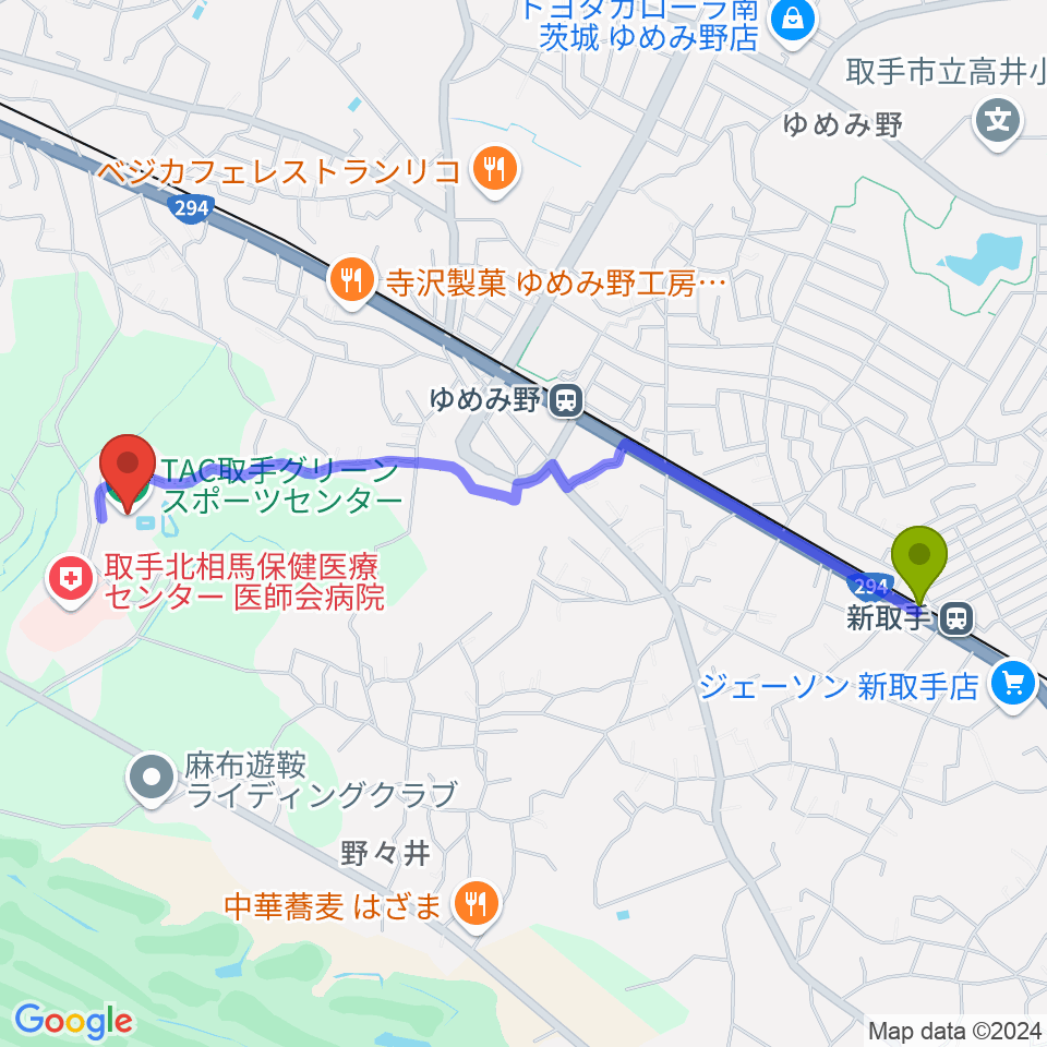 新取手駅からTAC取手グリーンスポーツセンターへのルートマップ地図