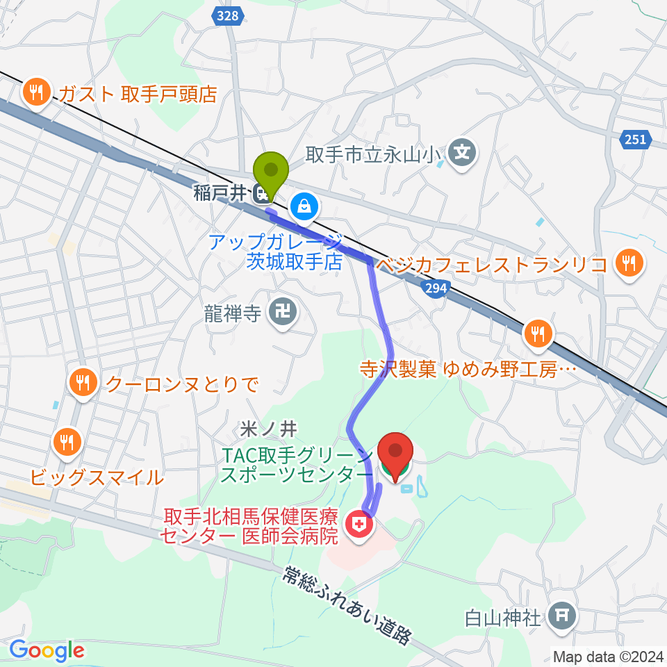 稲戸井駅からTAC取手グリーンスポーツセンターへのルートマップ地図