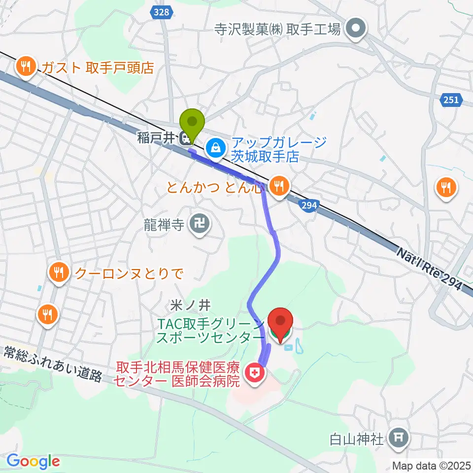 稲戸井駅からTAC取手グリーンスポーツセンターへのルートマップ地図