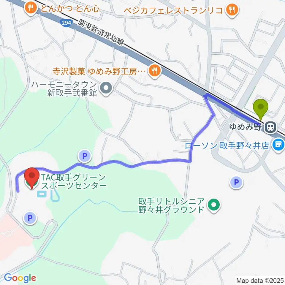 TAC取手グリーンスポーツセンターの最寄駅ゆめみ野駅からの徒歩ルート（約13分）地図