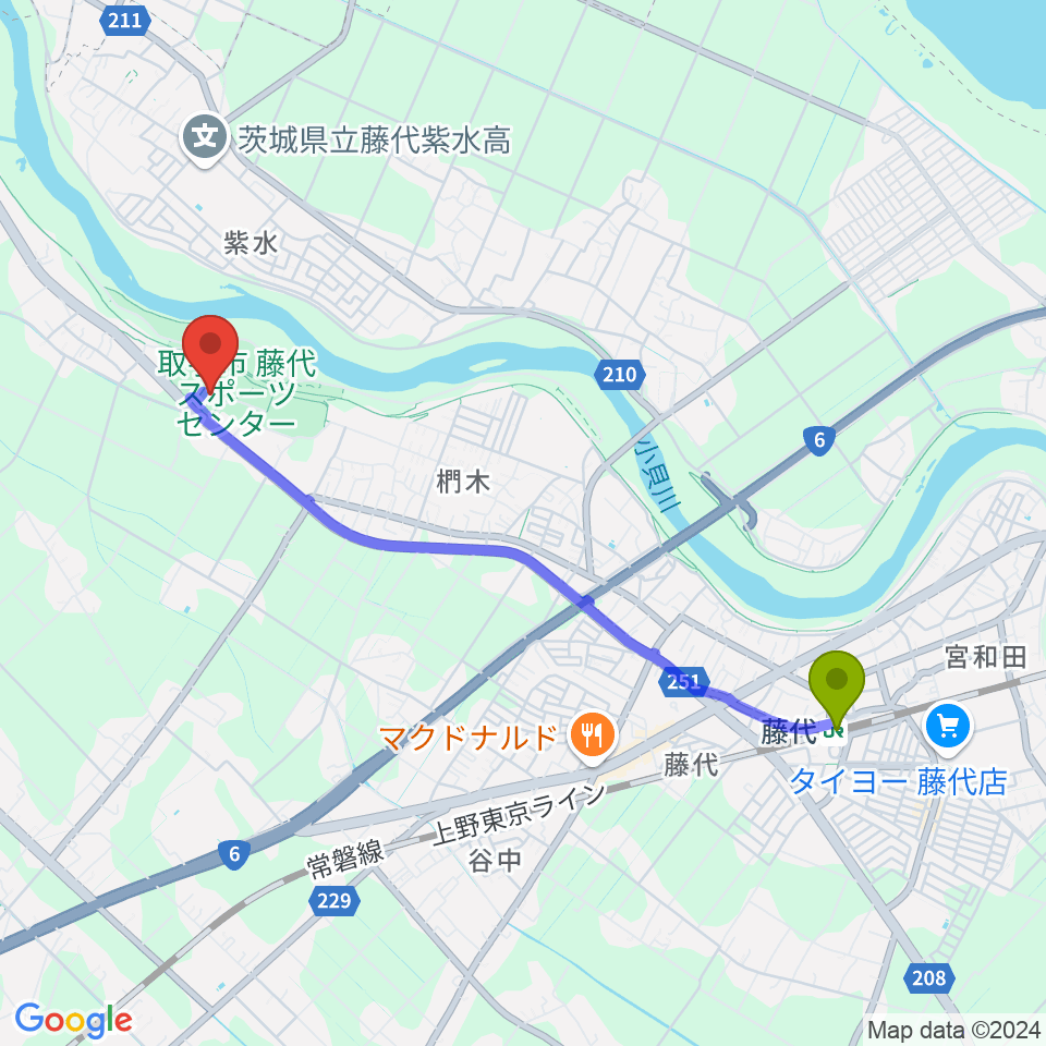 FUYOUアリーナ藤代の最寄駅藤代駅からの徒歩ルート（約42分）地図