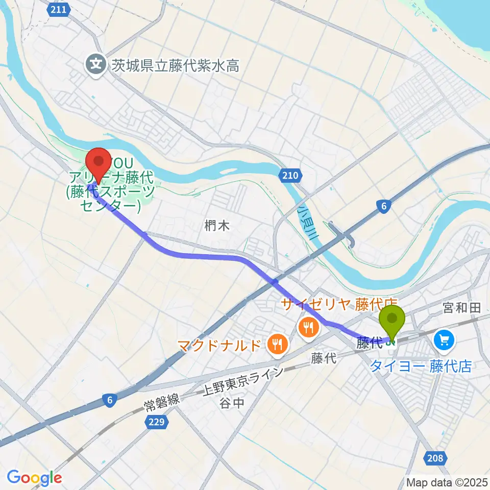 FUYOUアリーナ藤代の最寄駅藤代駅からの徒歩ルート（約42分）地図