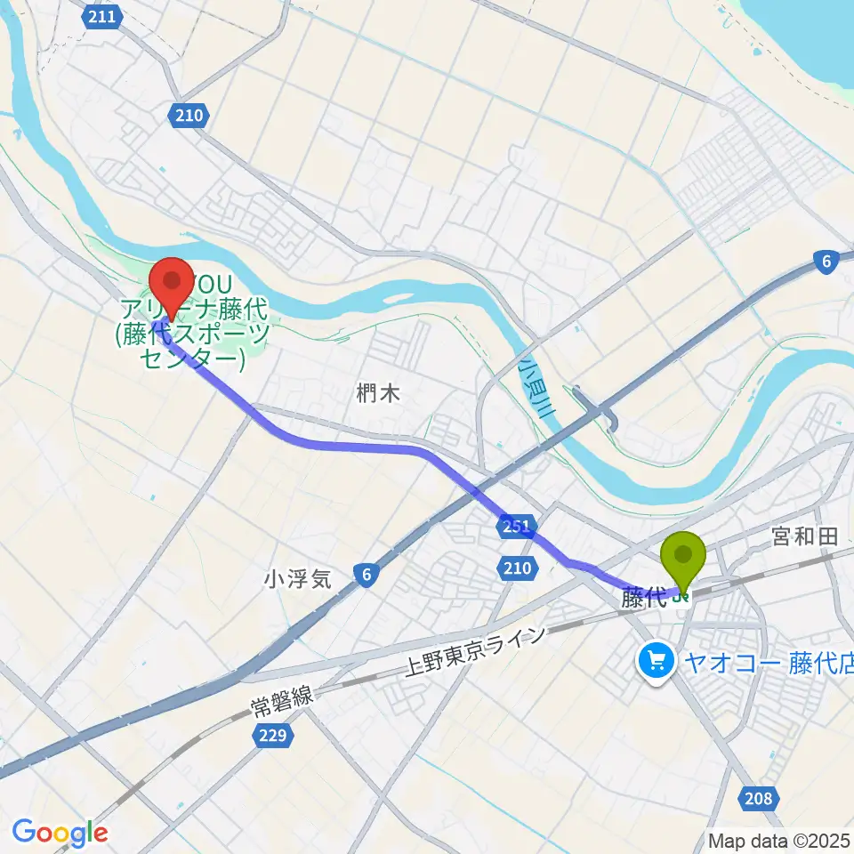 FUYOUアリーナ藤代の最寄駅藤代駅からの徒歩ルート（約42分）地図