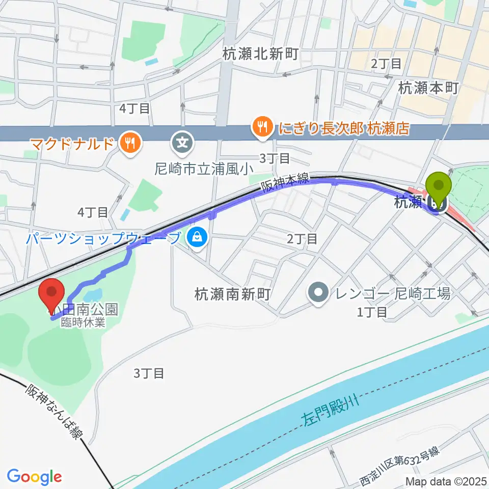 杭瀬駅から小田南公園野球場へのルートマップ地図