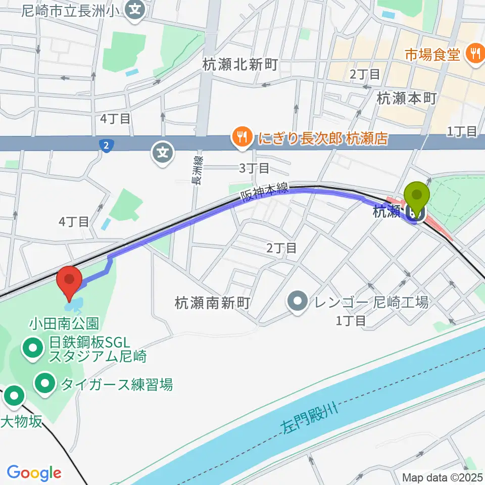 杭瀬駅から小田南公園軟式野球場へのルートマップ地図