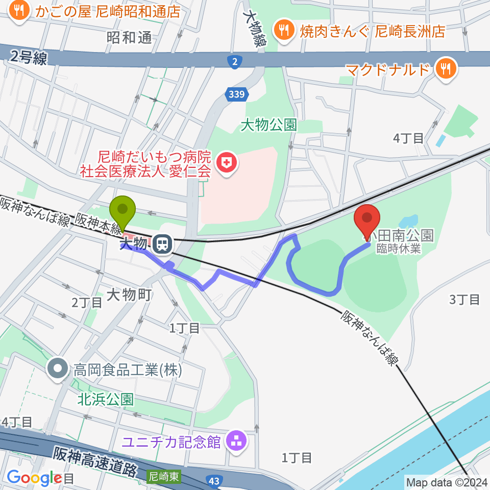 小田南公園野球場の最寄駅大物駅からの徒歩ルート（約8分）地図