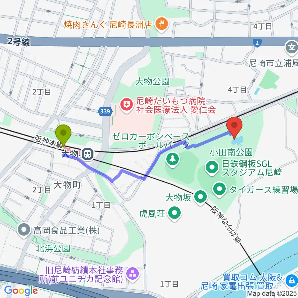 小田南公園軟式野球場の最寄駅大物駅からの徒歩ルート（約9分）地図