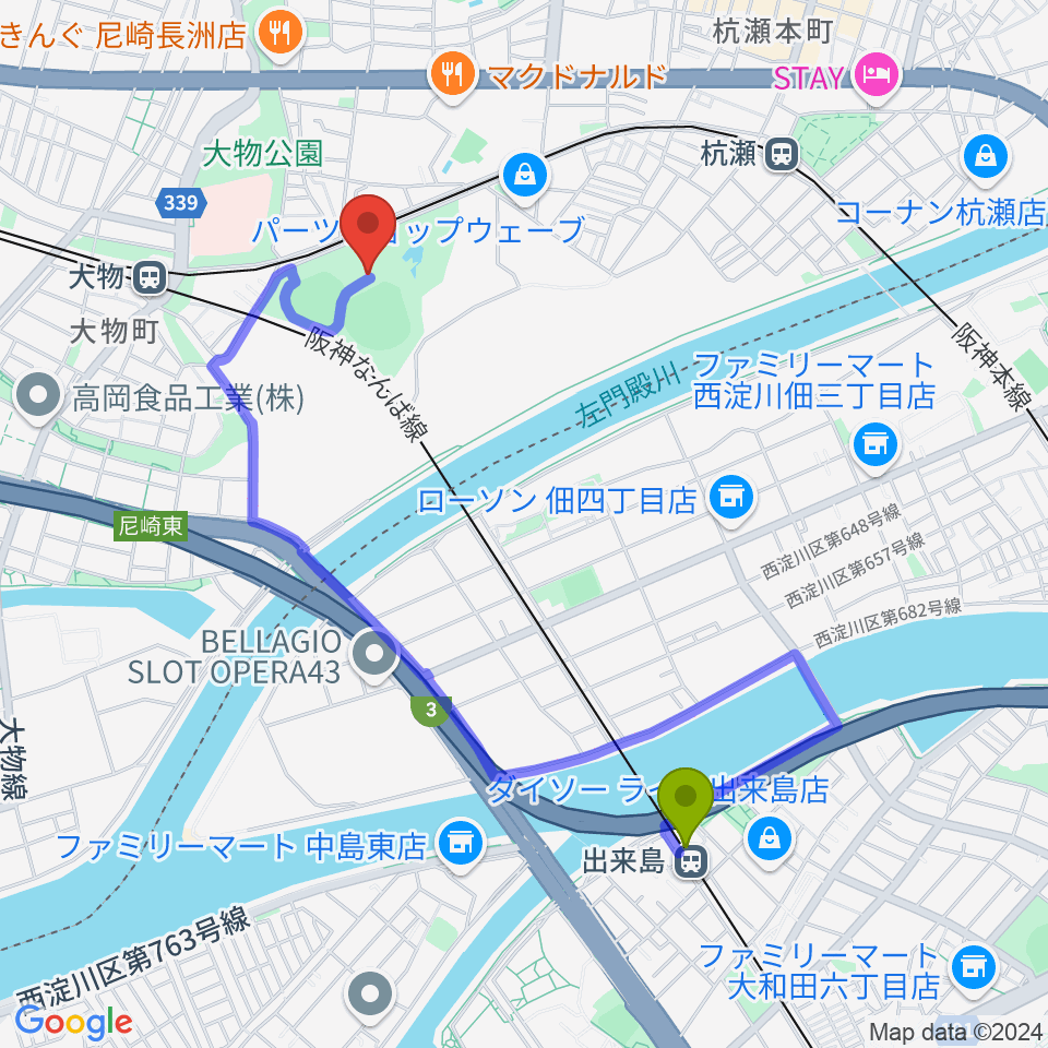 出来島駅から小田南公園野球場へのルートマップ地図