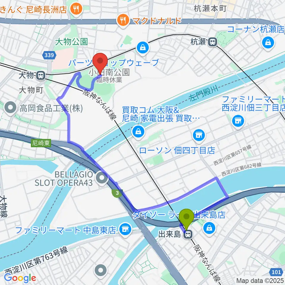 出来島駅から小田南公園野球場へのルートマップ地図