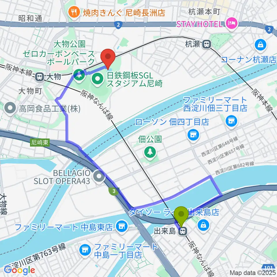 出来島駅から小田南公園軟式野球場へのルートマップ地図