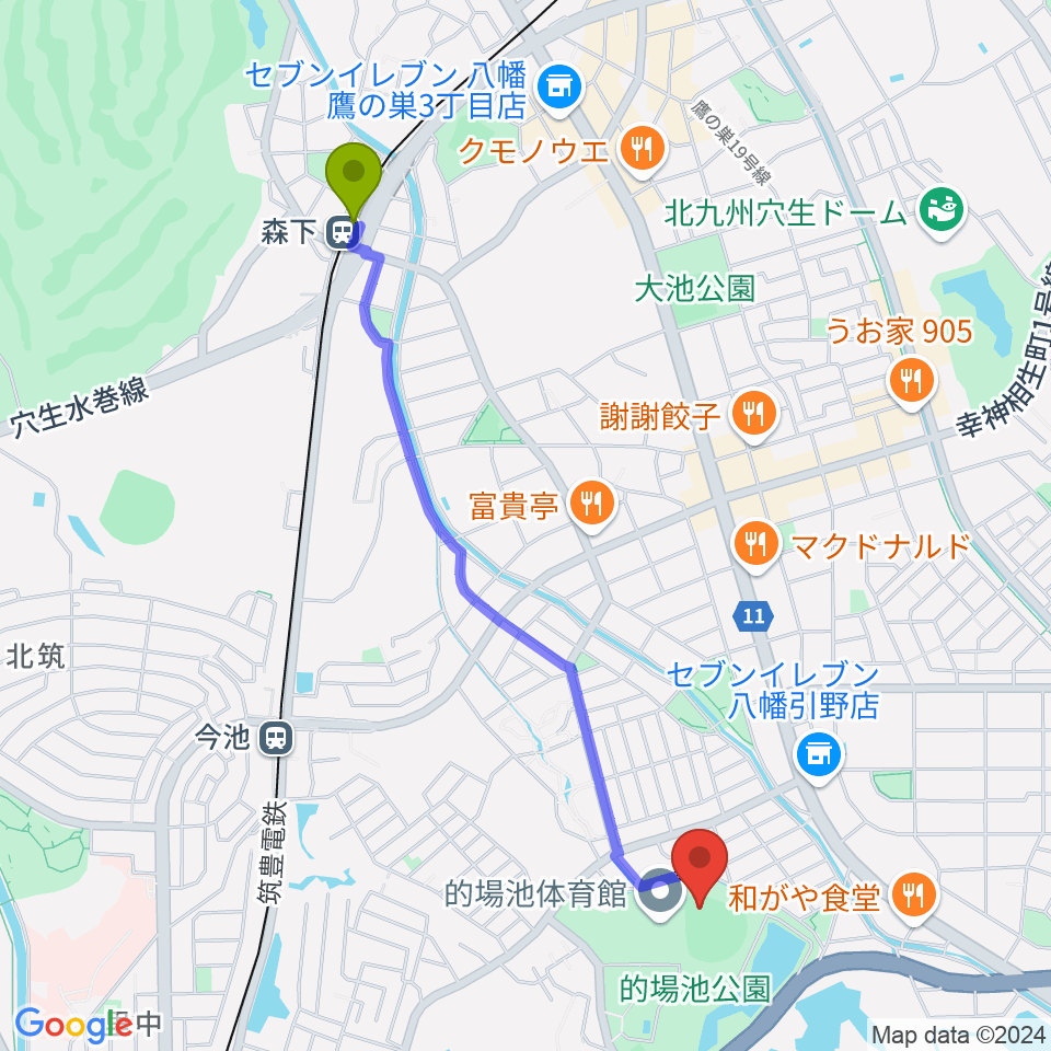 森下駅から福岡トヨタ的場池スタジアムへのルートマップ地図