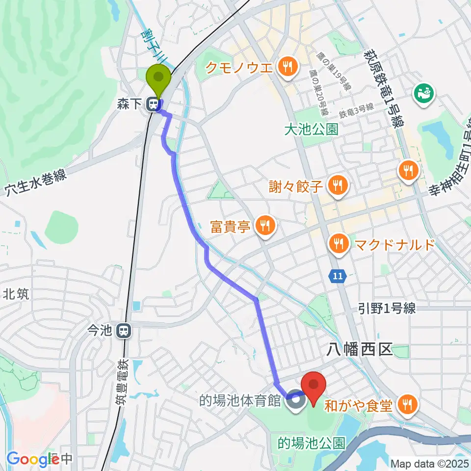 森下駅から福岡トヨタ的場池スタジアムへのルートマップ地図