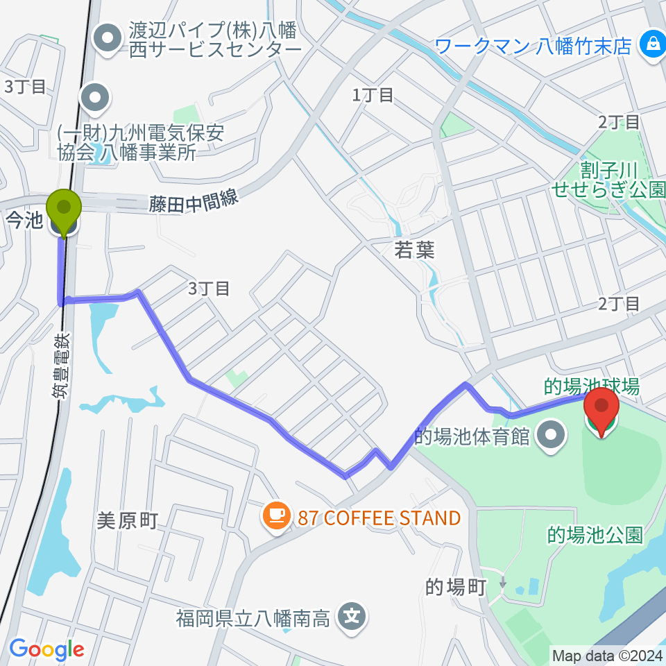 福岡トヨタ的場池スタジアムの最寄駅今池駅からの徒歩ルート（約14分）地図