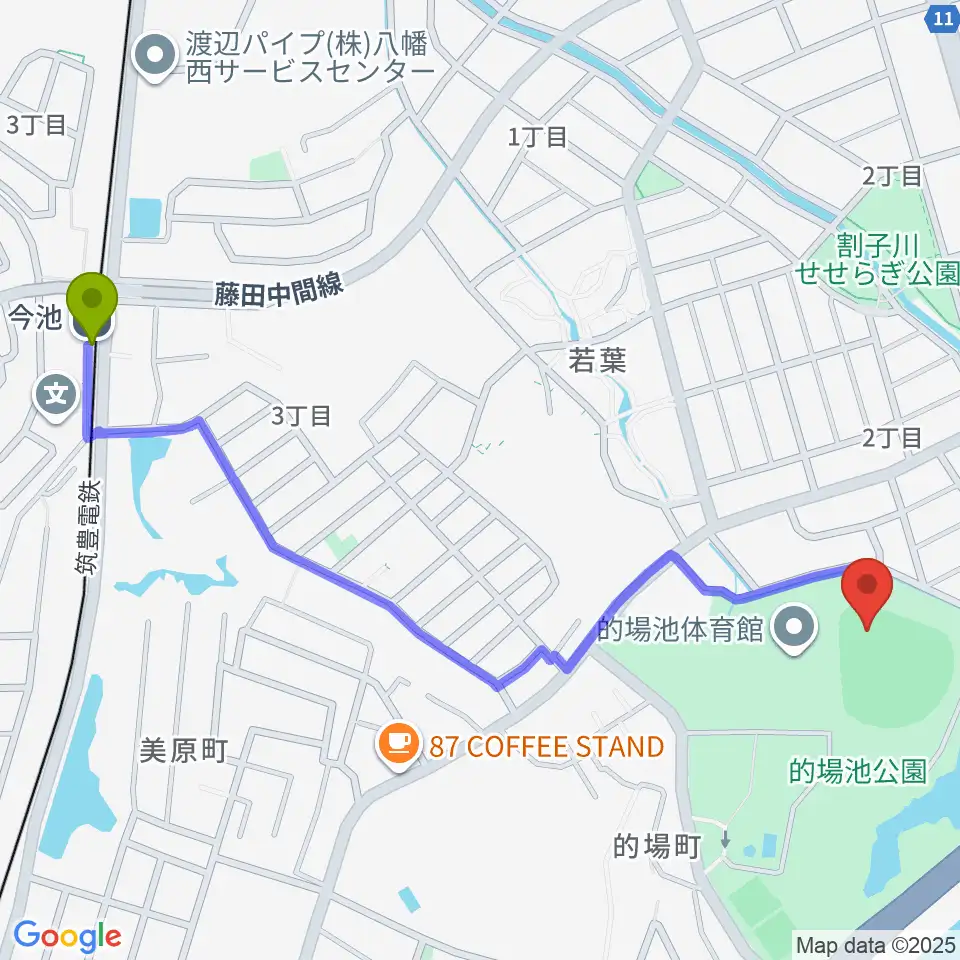 福岡トヨタ的場池スタジアムの最寄駅今池駅からの徒歩ルート（約14分）地図
