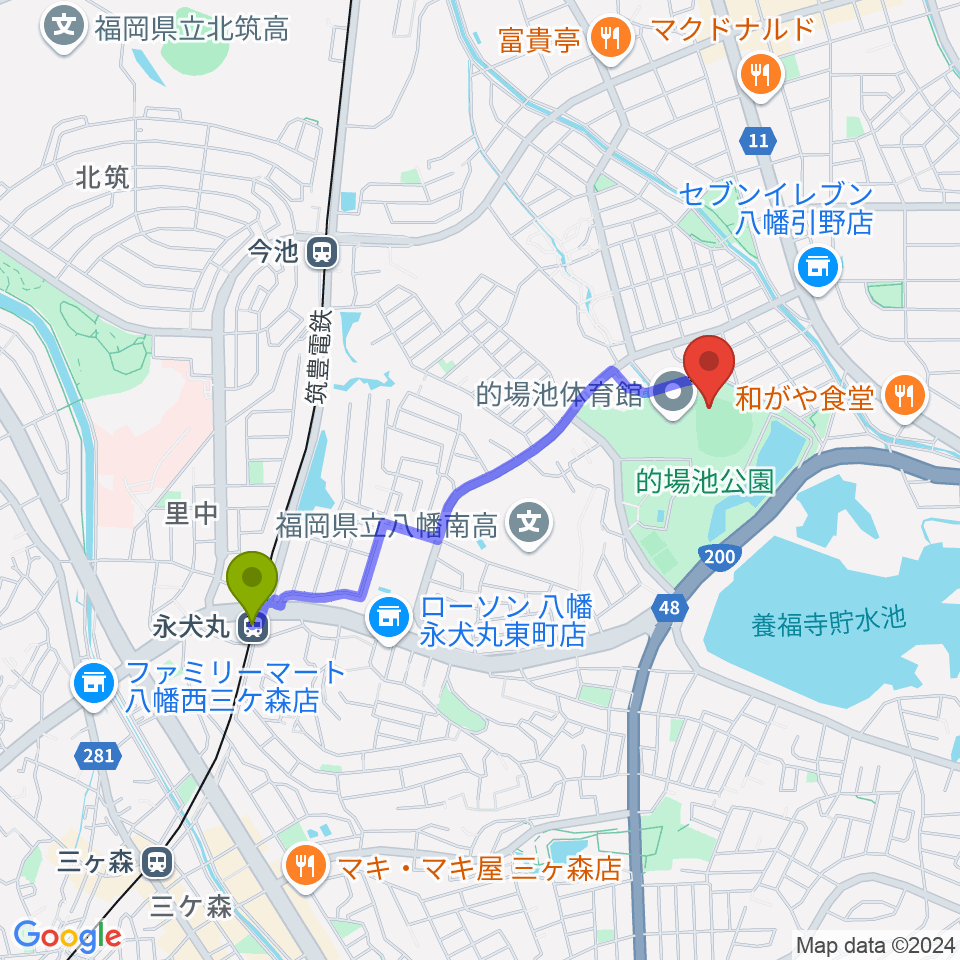 永犬丸駅から福岡トヨタ的場池スタジアムへのルートマップ地図