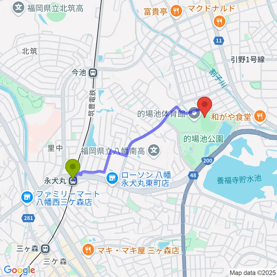 永犬丸駅から福岡トヨタ的場池スタジアムへのルートマップ地図