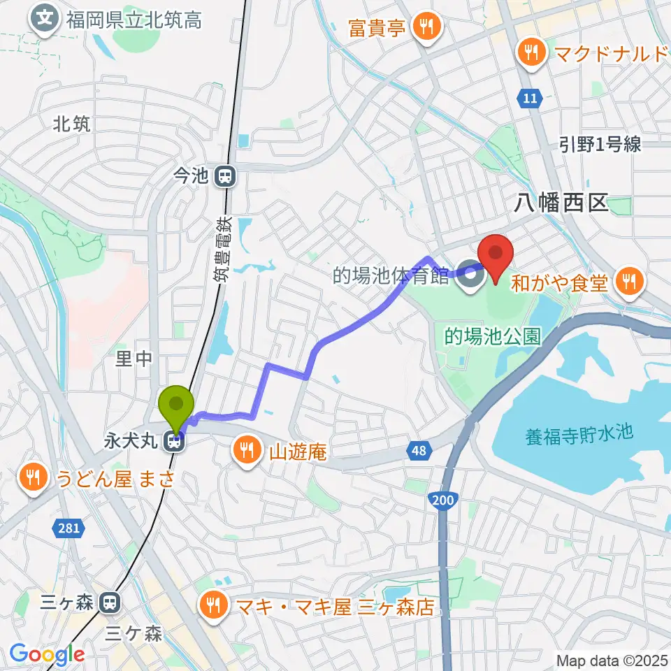 永犬丸駅から福岡トヨタ的場池スタジアムへのルートマップ地図