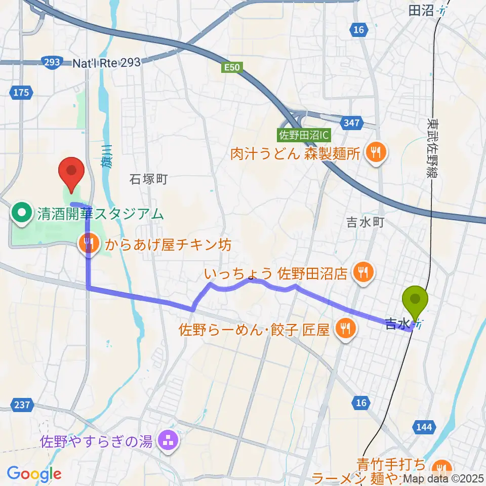 コンチネンタルホームフィールドの最寄駅吉水駅からの徒歩ルート（約47分）地図