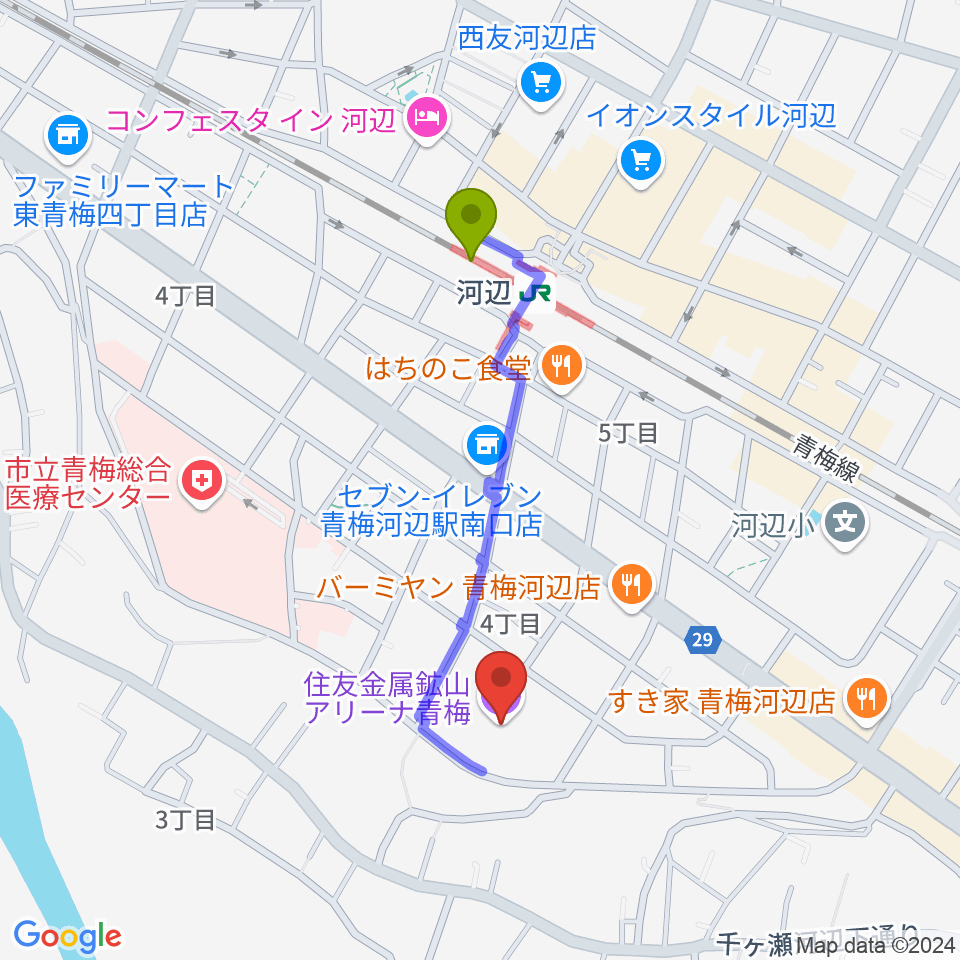 住友金属鉱山アリーナ青梅の最寄駅河辺駅からの徒歩ルート（約7分）地図