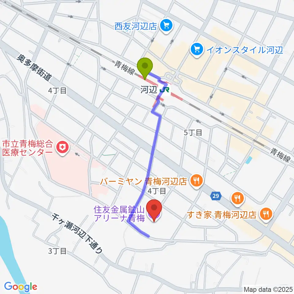 住友金属鉱山アリーナ青梅の最寄駅河辺駅からの徒歩ルート（約7分）地図
