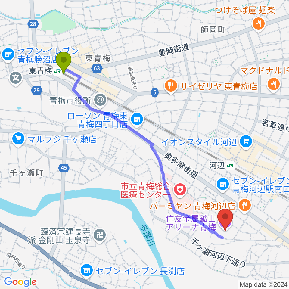 東青梅駅から住友金属鉱山アリーナ青梅へのルートマップ地図