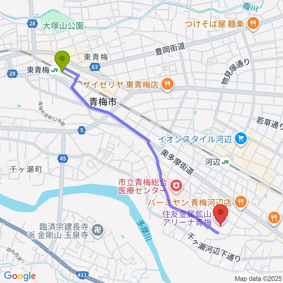 東青梅駅から住友金属鉱山アリーナ青梅へのルートマップ地図