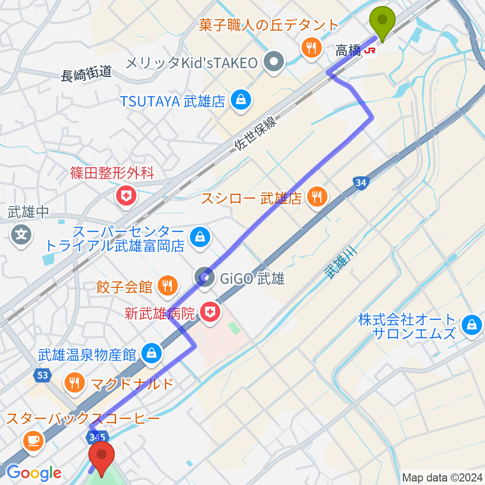 高橋駅からケーブルワン・スポーツパークへのルートマップ地図